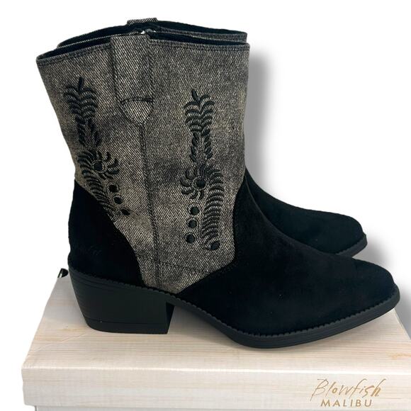 NEW Blowfish Western Booties Size 8.5 Black Embroidered Sticked Cowgirl Boot NWT - Picture 1 of 16